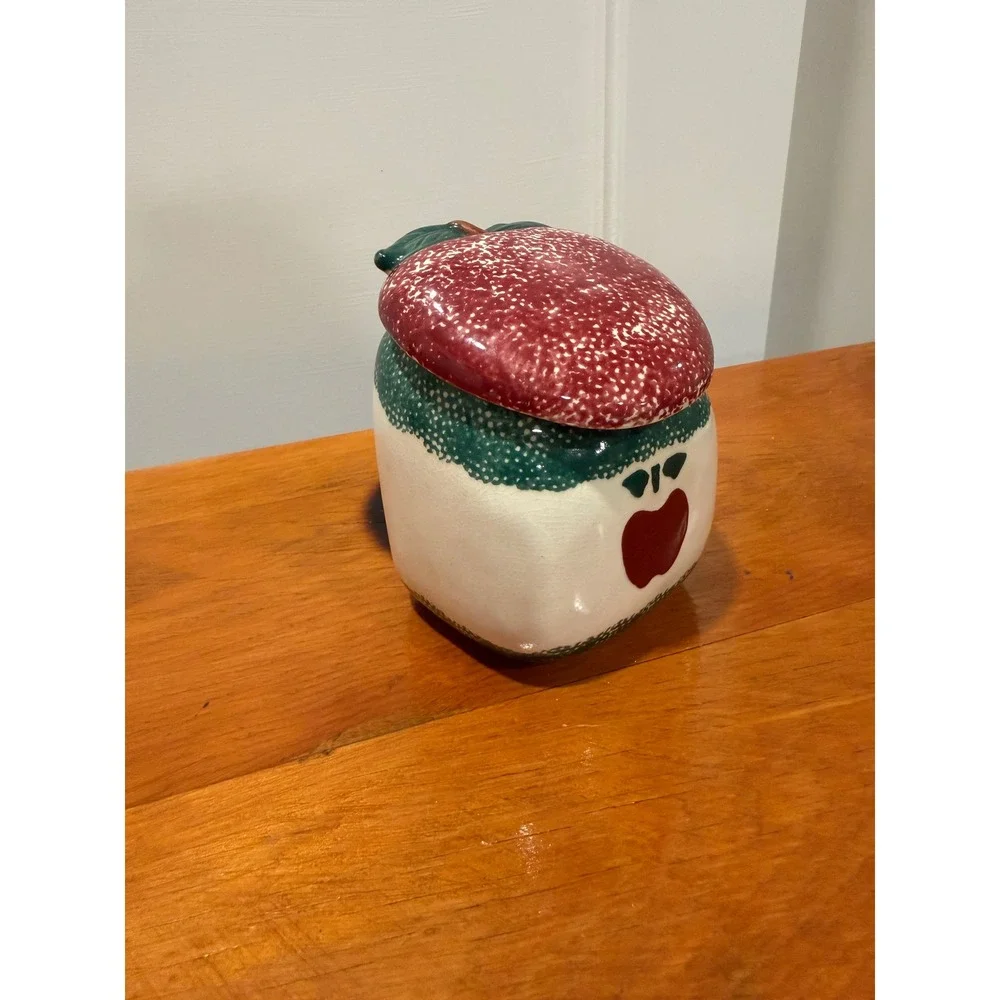 Vintage Hand Painted Ceramic Apple Canister Jar with Lid Red Green Farmhouse